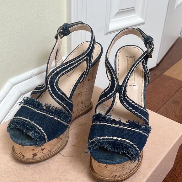 Prada | Denim Fringe Cork Wedges Size 37 Blue White Stitched - Picture 3 of 12